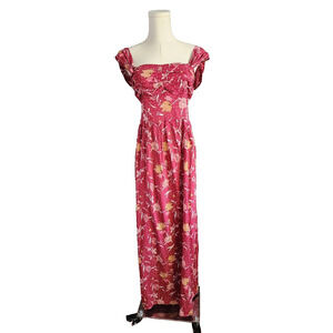 Tiare Hawaii Maxi Dress Floral Deep Red Smocked Back Side Slit Boho NWT O/S New